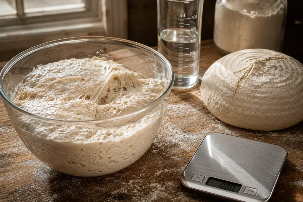 Professional food photography of an artisan sourdough baker's workspace. A rustic wooden table features a glass bowl containing a glossy, high-hydration sourdough dough with visible air bubbles and an open structure. Next to the bowl sits a precision digital kitchen scale, a glass measuring cylinder filled with water, and a flour-dusted sourdough boule. Soft, warm natural window light streaming from the side, highlighting the fine texture and moisture of the dough. Clean, minimalist aesthetic with shallow depth of field, editorial style, 8k resolution.