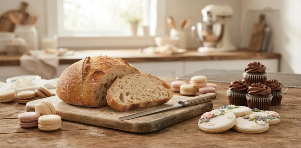 A rustic wooden table displaying a freshly sliced sourdough loaf, pastel French macarons, decorated floral sugar cookies, and chocolate cupcakes in a sunlit kitchen