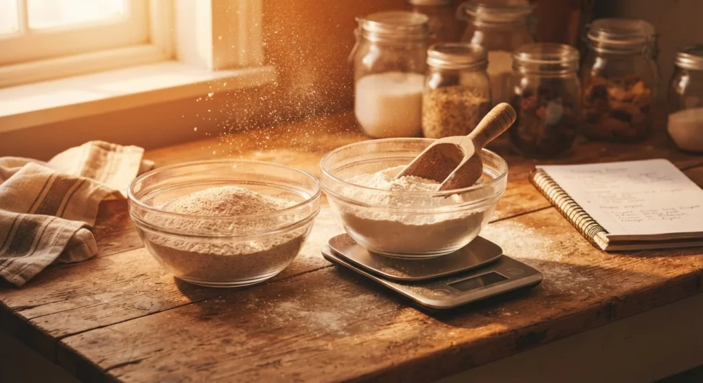 A professional and cozy artisan baking scene on a rustic wooden countertop. Side by side, two clear glass bowls contain different types of flour—one slightly coarser bread flour and one finer all-purpose flour—with a digital kitchen scale and a measuring scoop nearby. Warm morning light streams across the scene, highlighting fine dust particles of flour in the air. In the background, vintage baking jars and a clean notebook are visible. Shot with a professional DSLR look, warm amber and orange color grading, editorial food photography style.