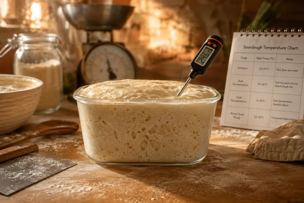 A professional and cozy artisan baking scene on a rustic wooden countertop. In the center, a clear glass container holds bubbly sourdough bread dough during bulk fermentation, with a digital probe thermometer inserted to check the internal dough temperature. Warm morning light streams across the scene, highlighting flour dust particles in the air. In the soft-focus background, baking tools, a measuring scale, and a clean temperature chart notebook are visible. Shot with a professional DSLR look, warm amber and orange color grading, editorial food photography style.
