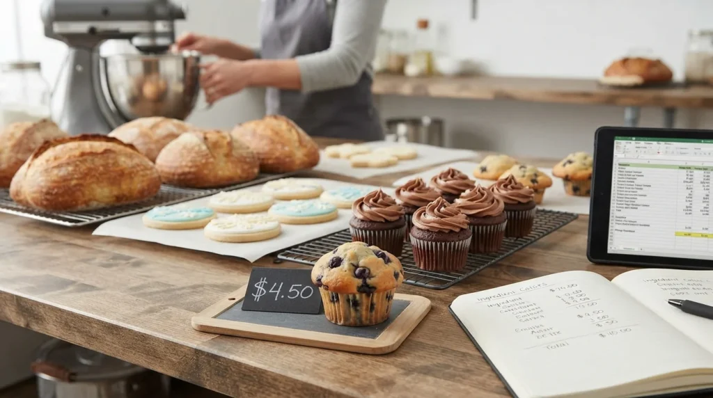 A professional, naturally lit photograph capturing an organized home bakery workspace. On a rustic wooden counter, a fresh batch of assorted artisanal baked goods—including golden-brown sourdough loaves, decorated vanilla sugar cookies, and chocolate cupcakes with swirled frosting—are neatly arranged on cooling racks and parchment paper. A handwritten price tag on a small slate chalkboard rests prominently in the foreground next to a tempting blueberry muffin, displaying "$4.50". In the background, out of focus, a baker is working near a KitchenAid mixer. To the side, an open notebook shows ingredient calculations and a tablet screen displays a pricing spreadsheet. The atmosphere is warm, inviting, and high-quality, styled for a culinary blog. The composition uses a shallow depth of field, making the foreground baked goods sharp and appetizing while the background provides context.
