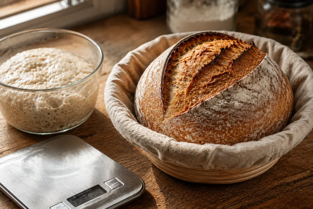A professional food photography close-up of a artisan sourdough boule resting in a natural linen proofing basket, showing a deeply scored, flour-dusted crust with a perfect ear. Next to it, a clear glass bowl contains a bubbly, active sourdough starter and a stainless steel baker's scale resting on a rustic wooden countertop. Soft, warm morning window light, high resolution, minimalist aesthetic, 8k.