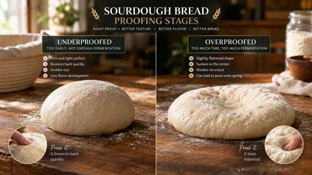 Side-by-side visual comparison of underproofed vs overproofed dough boules on a floured surface showing differences in fermentation and gluten structure.