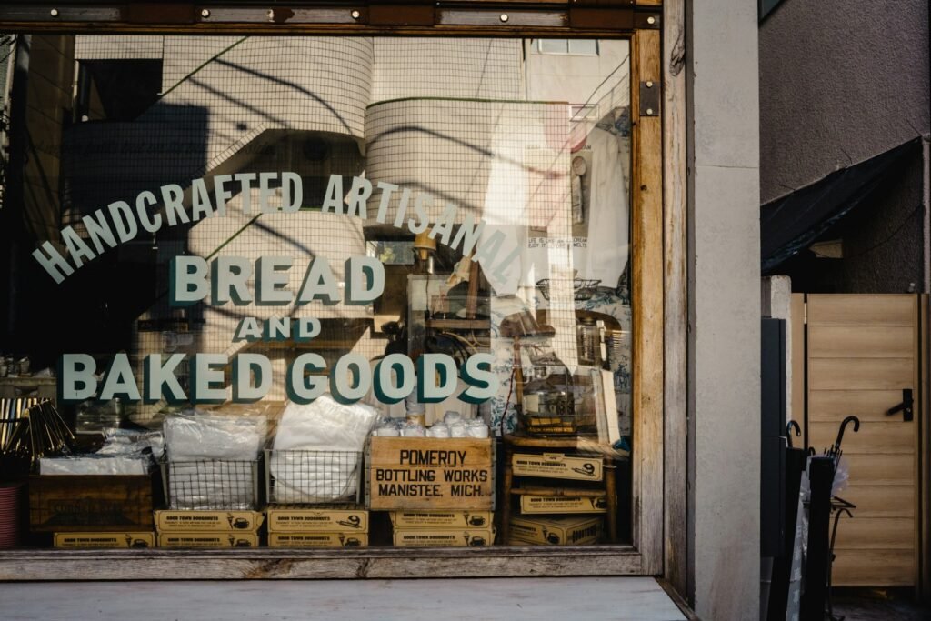 Artisan baked goods in a bakery storefront