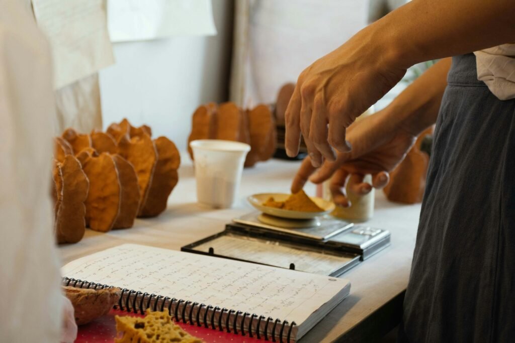 Cake pricing worksheet and baking ingredients